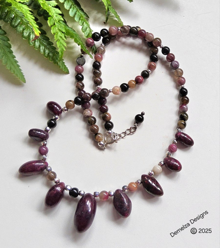 Designer Raw Ruby & Tourmaline Artisan Sterling Silver Necklace