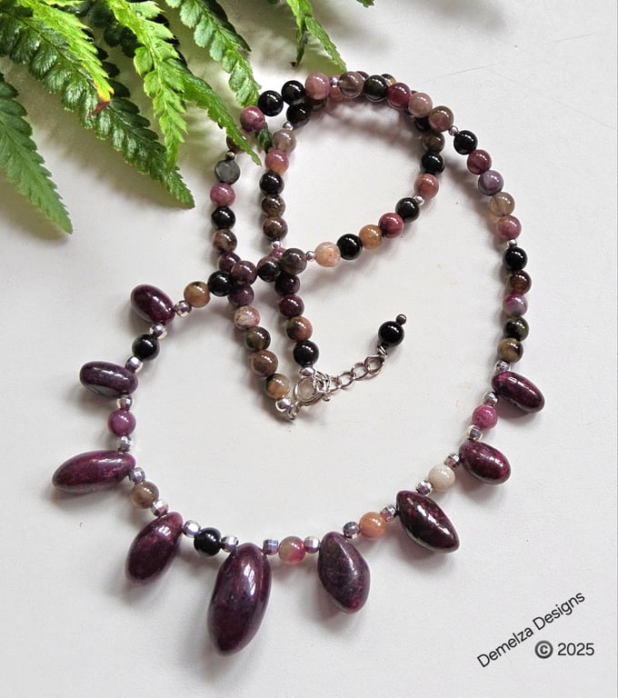 Designer Raw Ruby & Tourmaline Artisan Sterling Silver Necklace