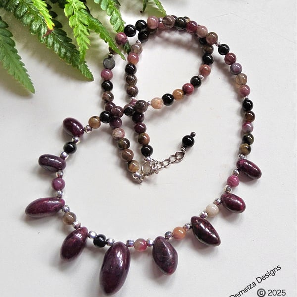 Designer Raw Ruby & Tourmaline Artisan Sterling Silver Necklace