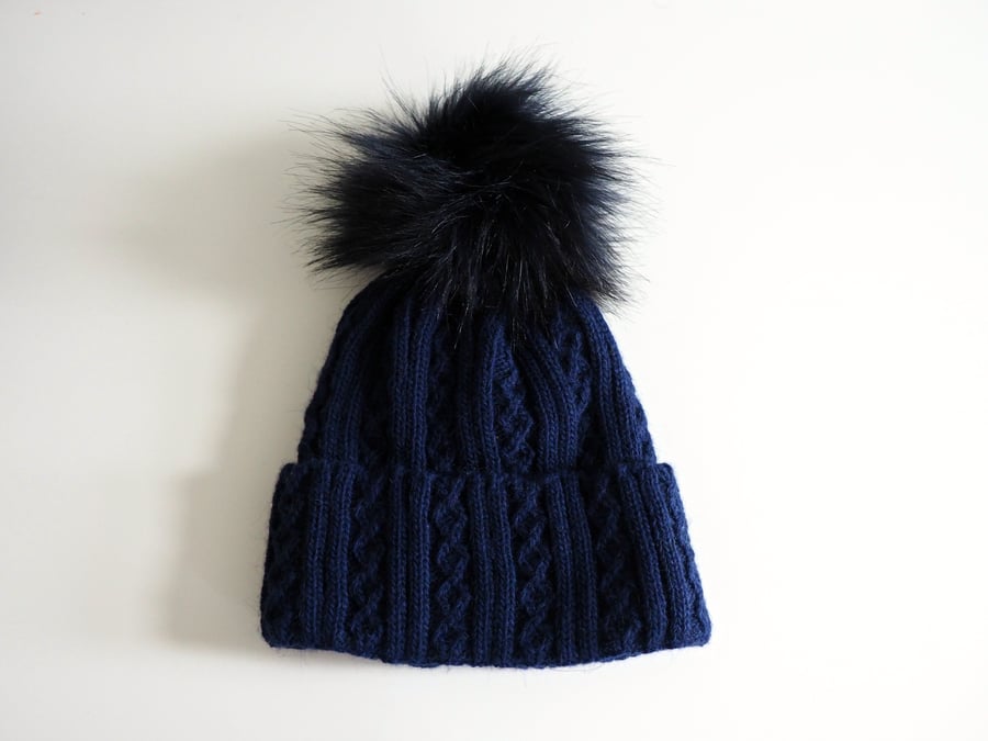 READY TO SHIP Navy Wool Hat Beanie with Cabled and Faux Fur Pom Pom