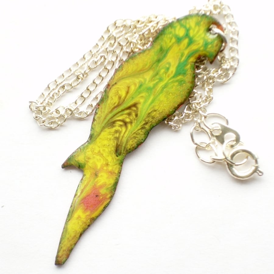 pendant - parrot: scrolled dark red, green, red over yellow