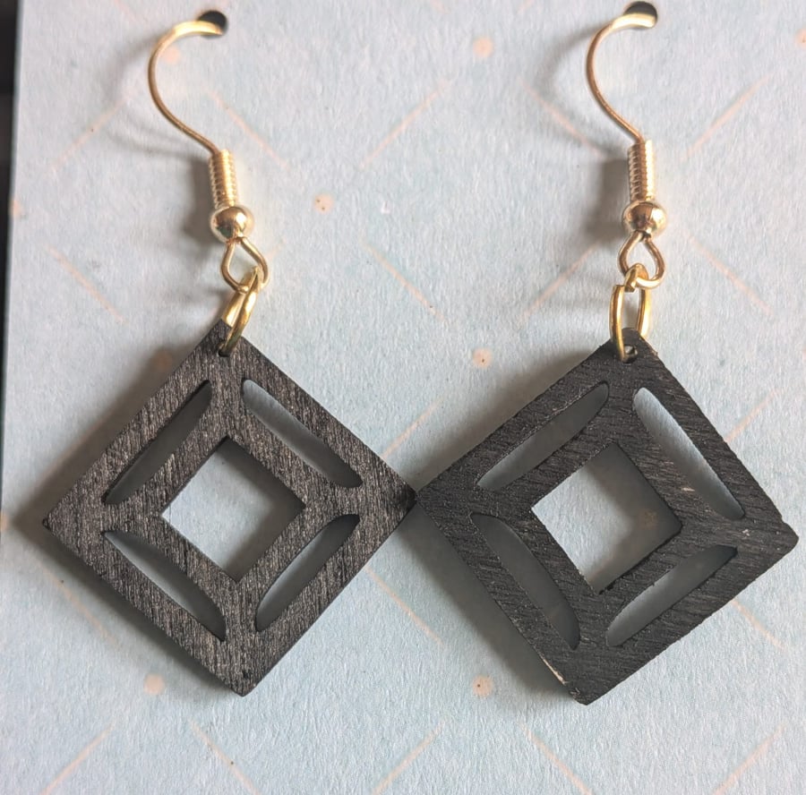 Geometric Black Wood Dangle Earrings