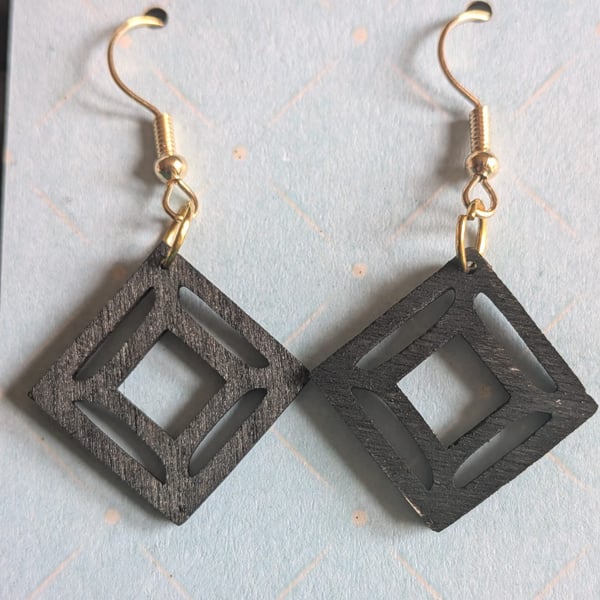 Geometric Black Wood Dangle Earrings