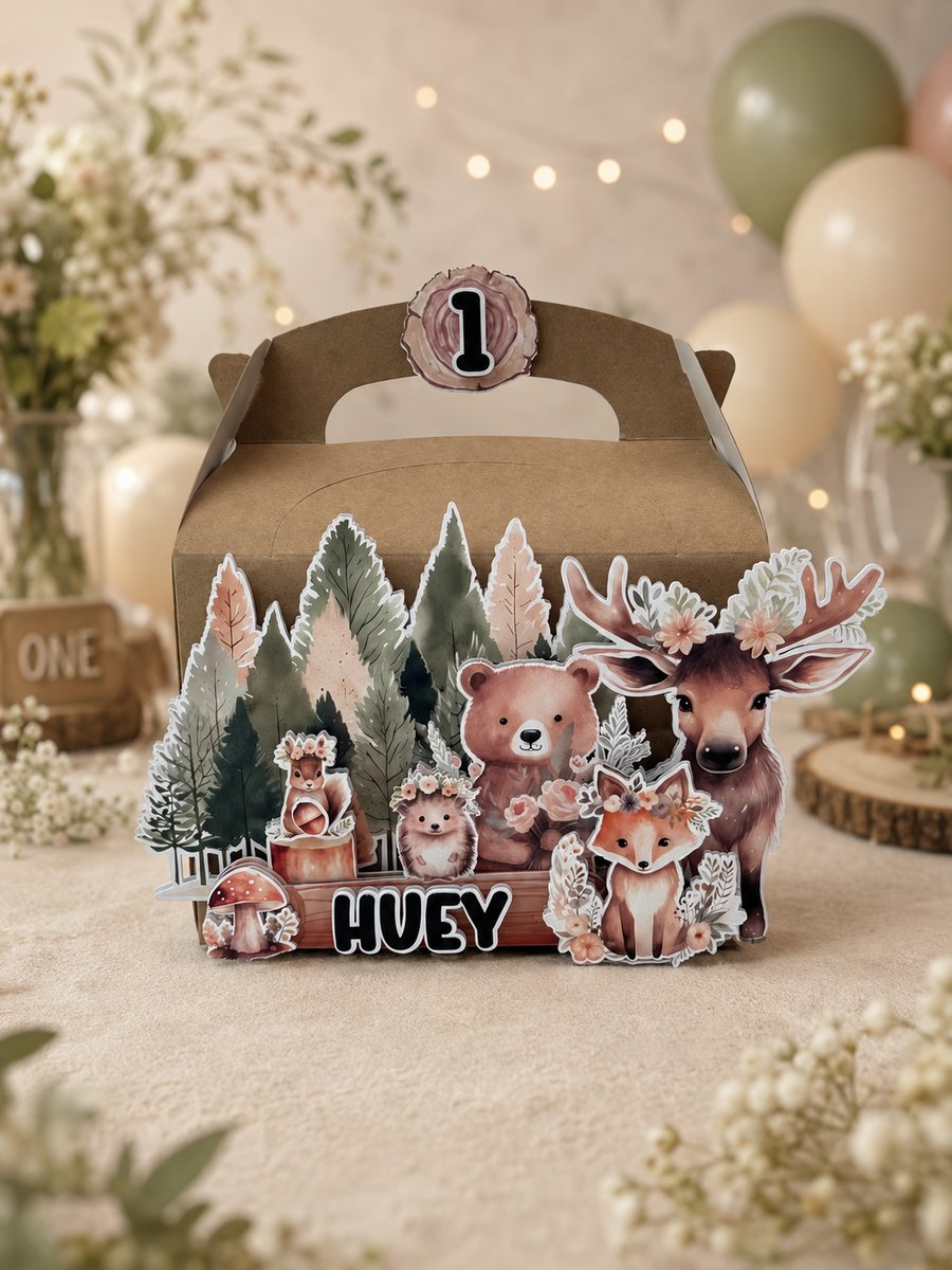 6 Personalised Woodland Animals party boxes, party bags 