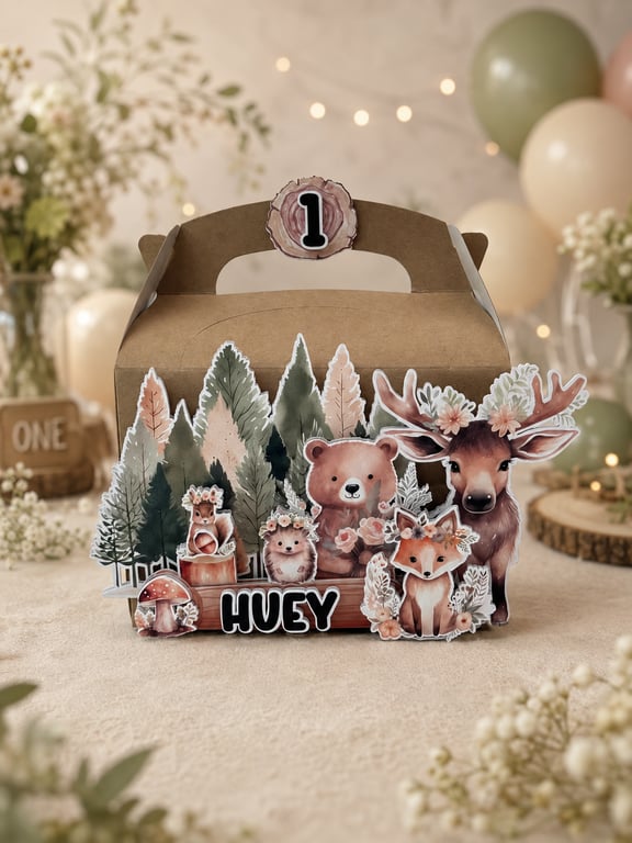 6 Personalised Woodland Animals party boxes, party bags 