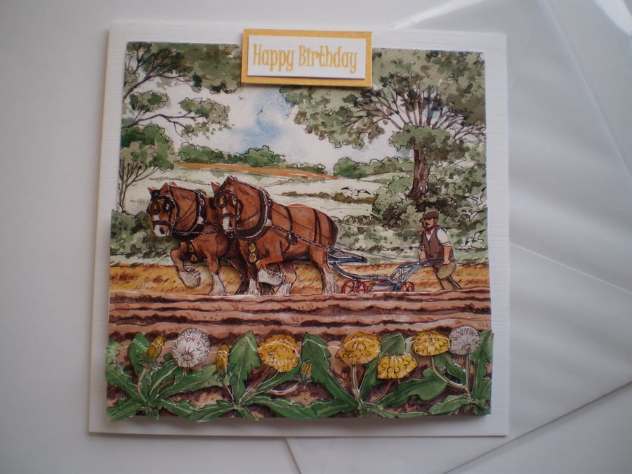 horses ploughing Birthday card