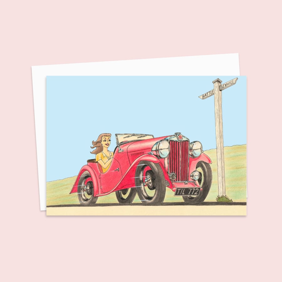 Sports Car Greetings Card: Pencil Illustration of a Classic British Design (322)