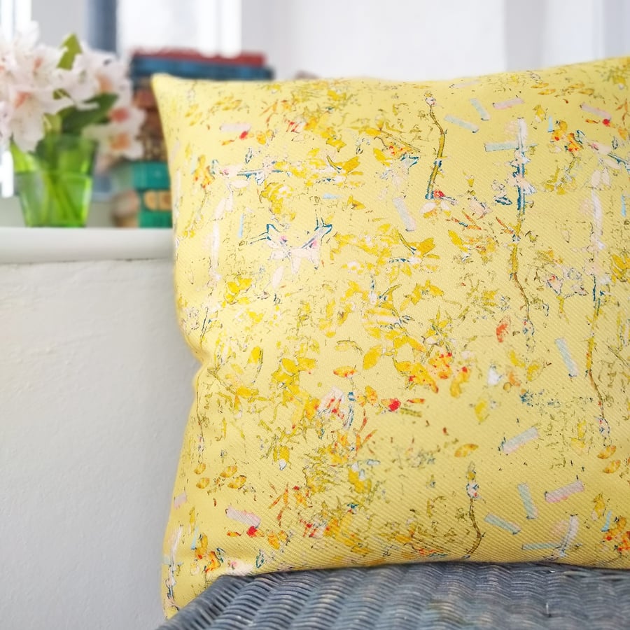 Golden yellow, floral design tweed and velvet cushion