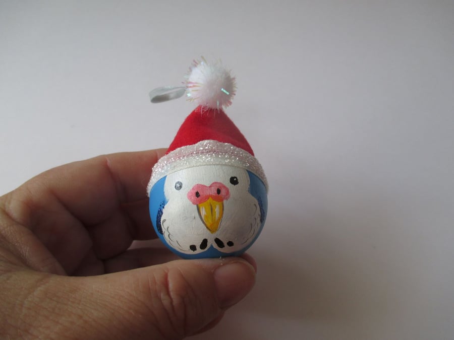 Budgie Christmas Tree Bauble Hanging Decoration Santa Hat Blue Bird Budgerigar