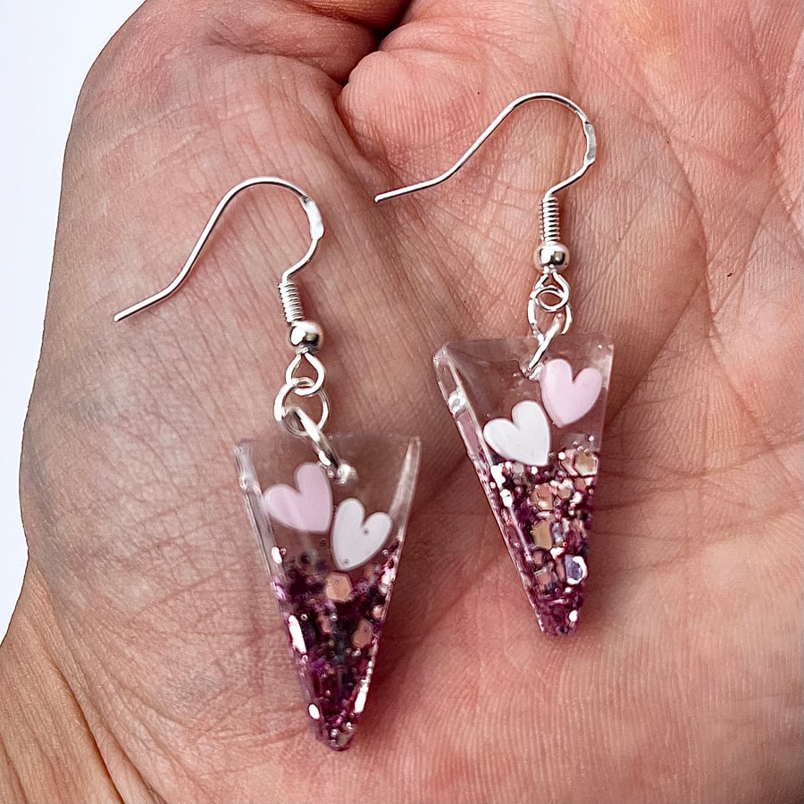 Triangle Resin Earrings with Pink Hearts and Pink Glitter Sparkle