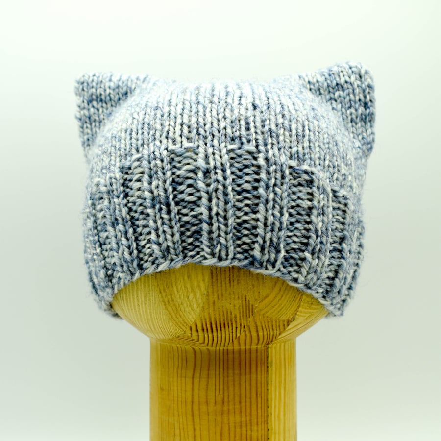 Hand Knitted kitty hat in marled blue and white - Toddler