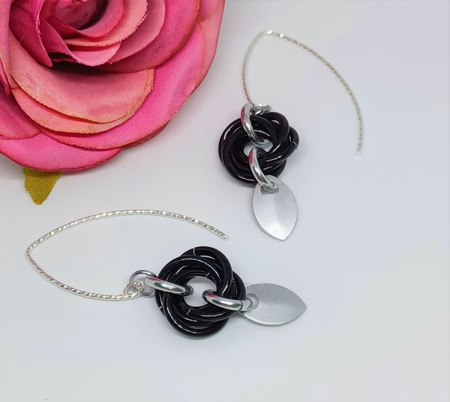 Black Mobius Rose, and Silver Scale Chainmaille Sterling Silver Earrings