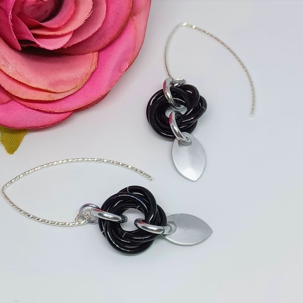 Black Mobius Rose, and Silver Scale Chainmaille Sterling Silver Earrings