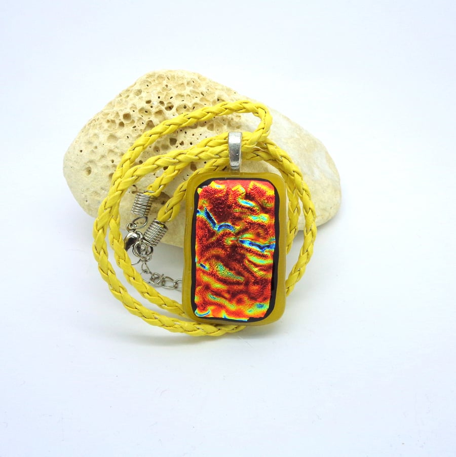 Dichroic glass pendant art Yellow, red and gold