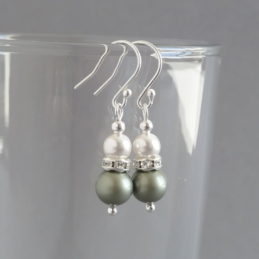 Dusty Green Pearl and Crystal Drop Earrings - Sage Green Dangle Earrings - Gifts