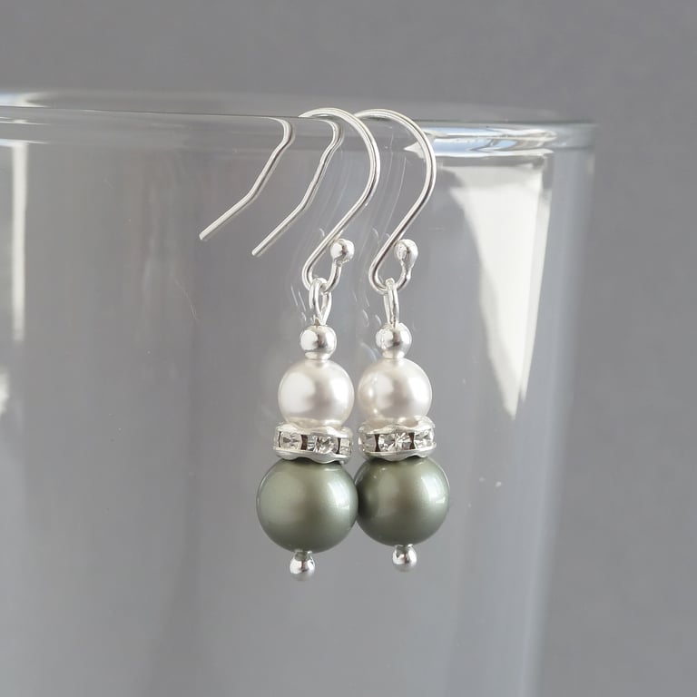 Dusty Green Pearl and Crystal Drop Earrings - Sage Green Dangle Earrings - Gifts