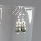 Dusty Green Pearl and Crystal Drop Earrings - Sage Green Dangle Earrings - Gifts