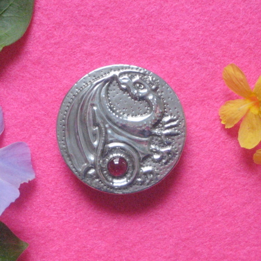Silver Pewter Dragon Brooch with Garnet