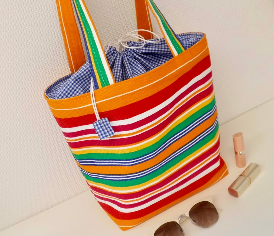 Colourful striped canvas shoulder bag with drawstring inner 
