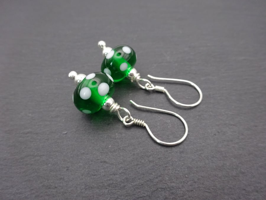 green polka dot lampwork glass earrings