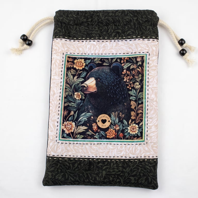Handmade Quilted Bear Gift Pouch – Padded Drawstring Bag