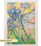 Dragonfly with blue flowers, original mixed media painting, insect artwork - Image 2