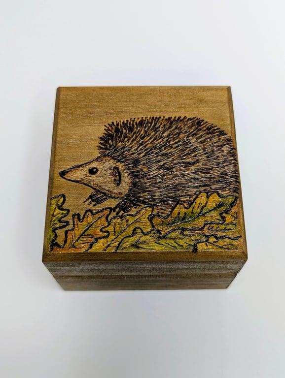 Small wooden box,  pyrography hedgehog, ring or trinket box for a nature lover