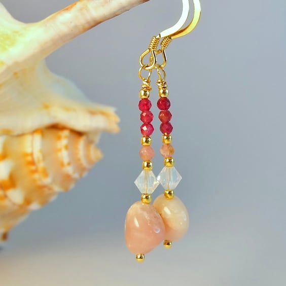 Pink Opal & Tourmaline Earrings, October Birthstone Jewellery, Bridesmaid Gift