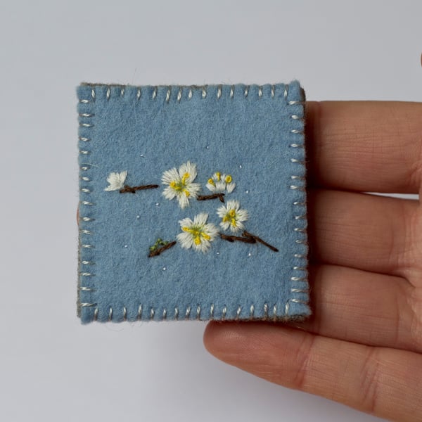 Spring Blossom with Caterpillar Embroidered Art Brooch