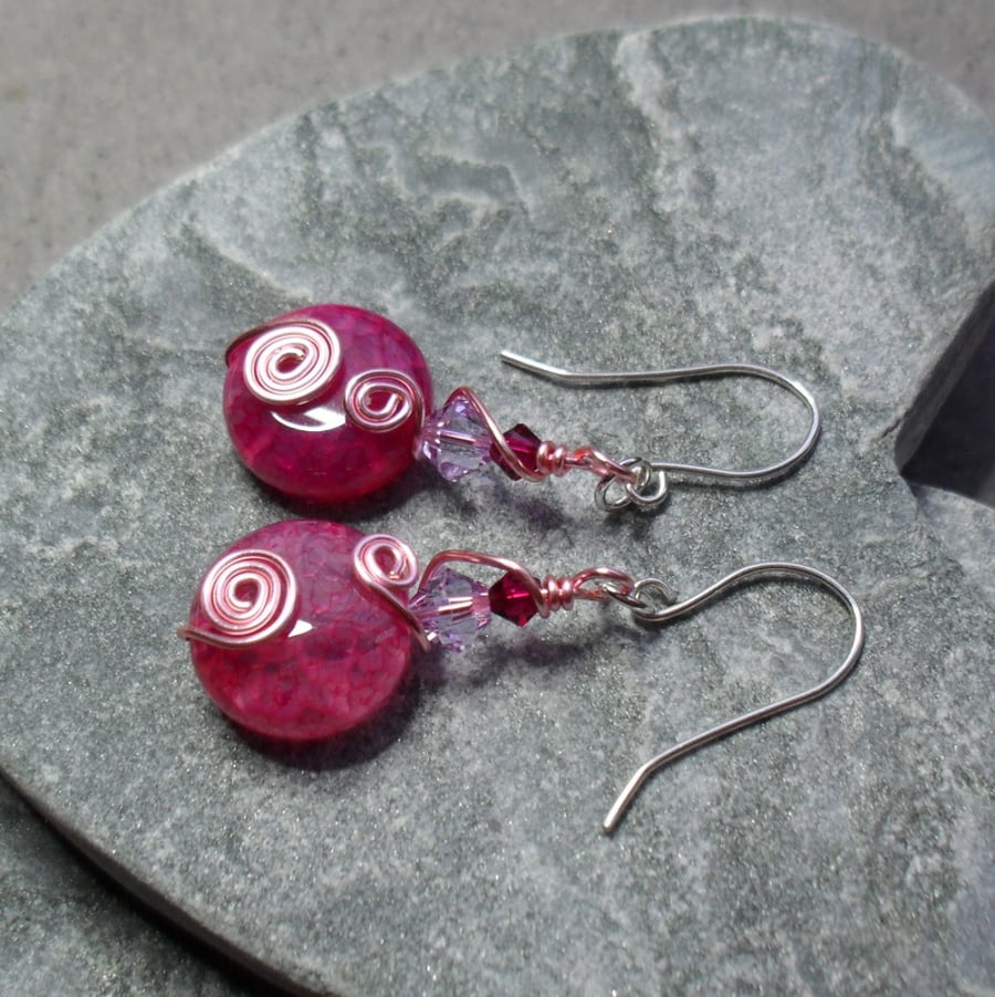 Dangle Earrings With Deep Pink Agate and Swarovski Elements