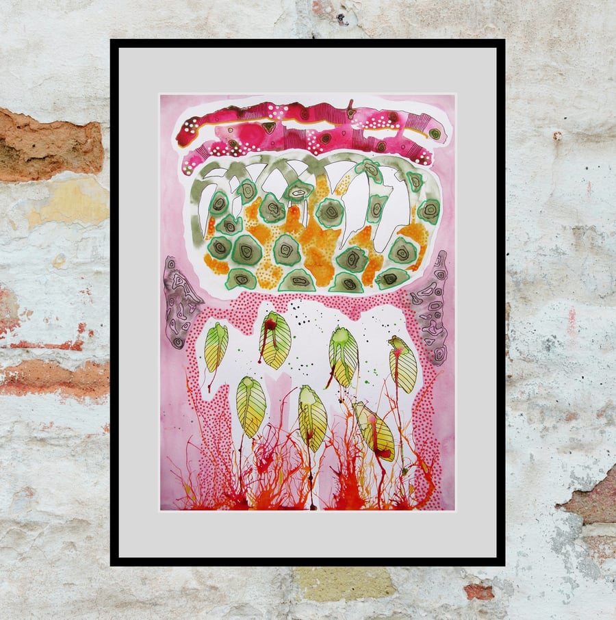 Large Watercolour Abstract Painting Pink Green Organic Natural Forms A3 Artwork