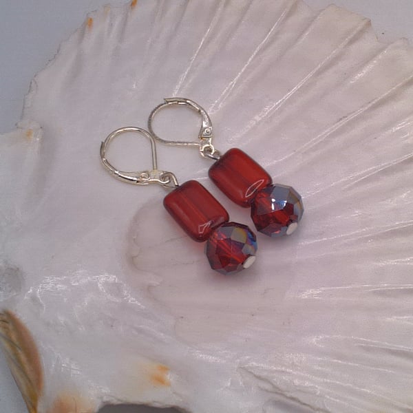Red Glass Rectangle and Crystal Earrings, Red Beaded Earrings, Gift for Her
