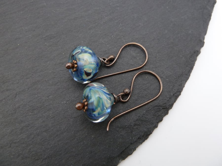 lampwork glass earrings, blue, copper jewellery