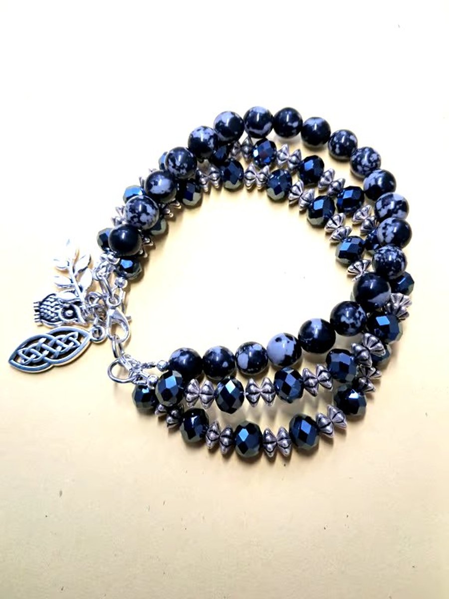 Black Snowflake Obsidian Charm Bracelet Handmade