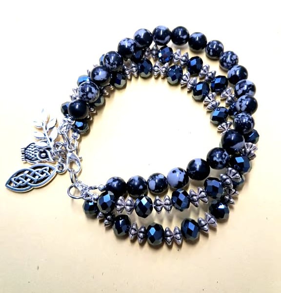 Black Snowflake Obsidian Charm Bracelet Handmade