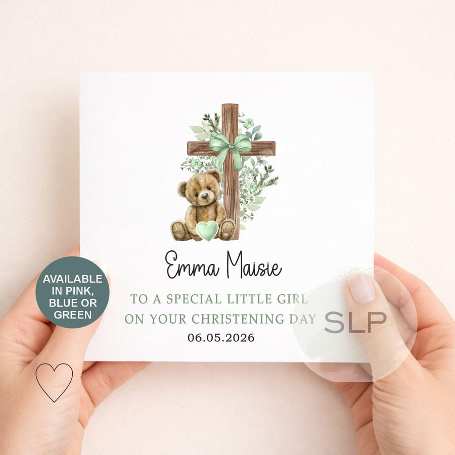 Personalised Christening Card Teddy Bear & Cross Baptism Card Grandson
