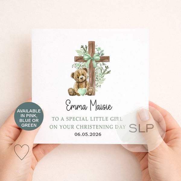 Personalised Christening Card Teddy Bear & Cross Baptism Card Grandson