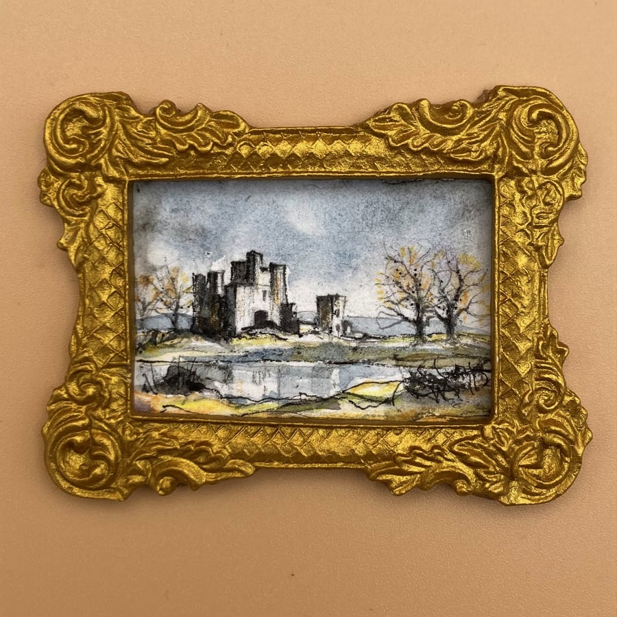 Tiny Miniature Painting, Doll house scale, Landscape with Castle, trees & Lake.