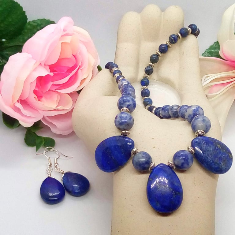 Jewellery Set with Blue Sodalite and Lapis Lazuli Beads and Silver Spacers