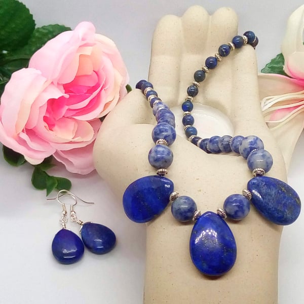 Lapis Lazuli Round and Teardrop Beads and Silver Spacer Beads Jewellery Set