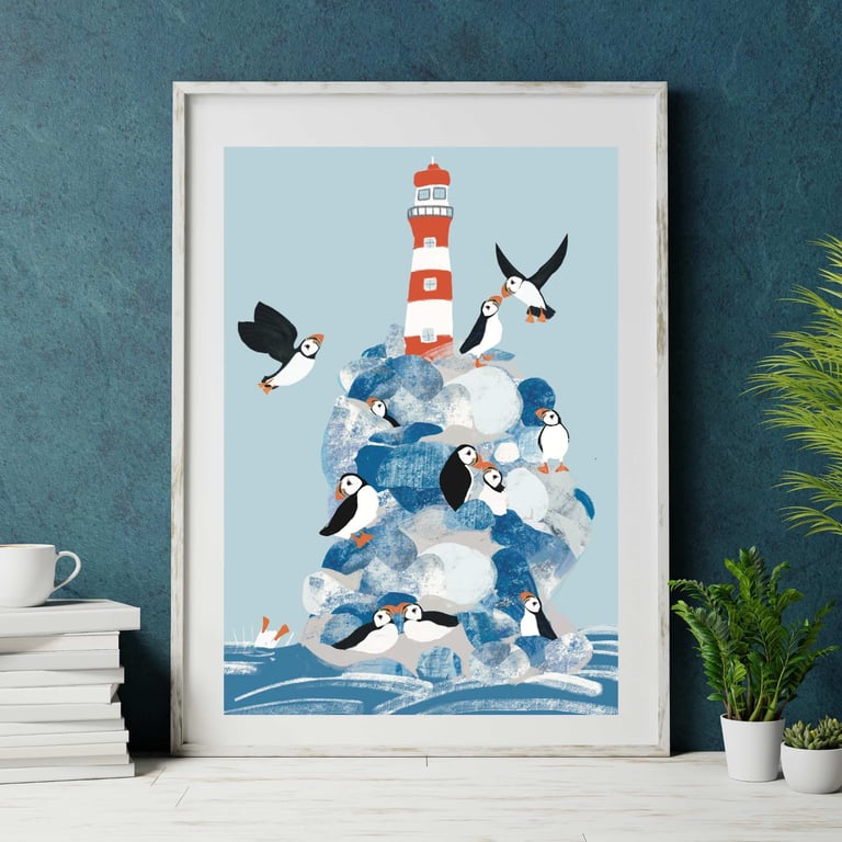 Art print puffin lighthouse illustration coastal