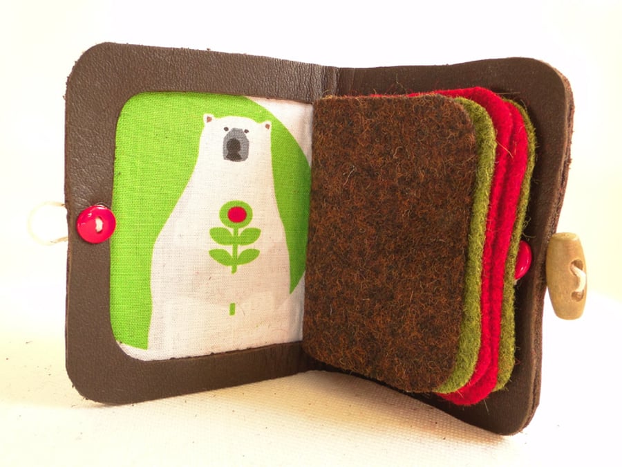 Needle Case - Brown Leather with Scandinavian Polar Bear Fabric - Needle Book