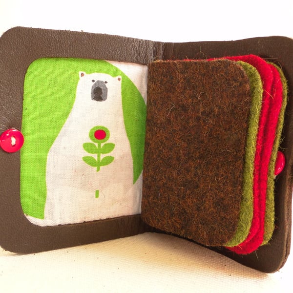 Needle Case - Brown Leather with Scandinavian Polar Bear Fabric - Needle Book