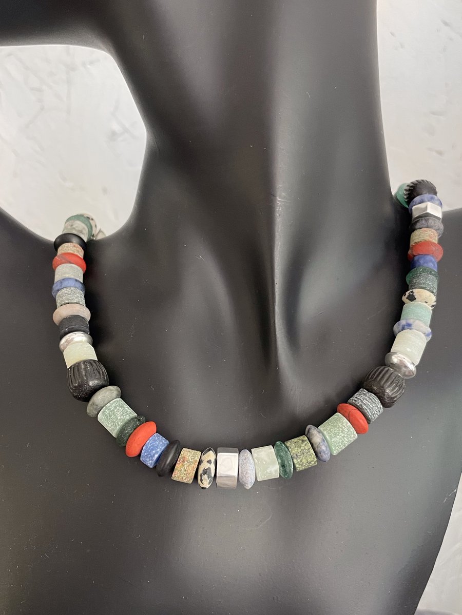 Sterling silver and frosted gemstone chunky statement necklace 