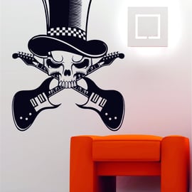 Skull Crossed Guitar Top Hat Music Hard Rock Metal Wall Sticker Decal Vinyl