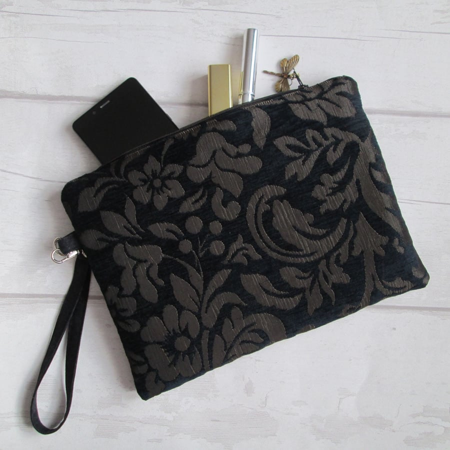 Black & Bronze Brocade Zip Top Clutch Bag with Wrist Strap