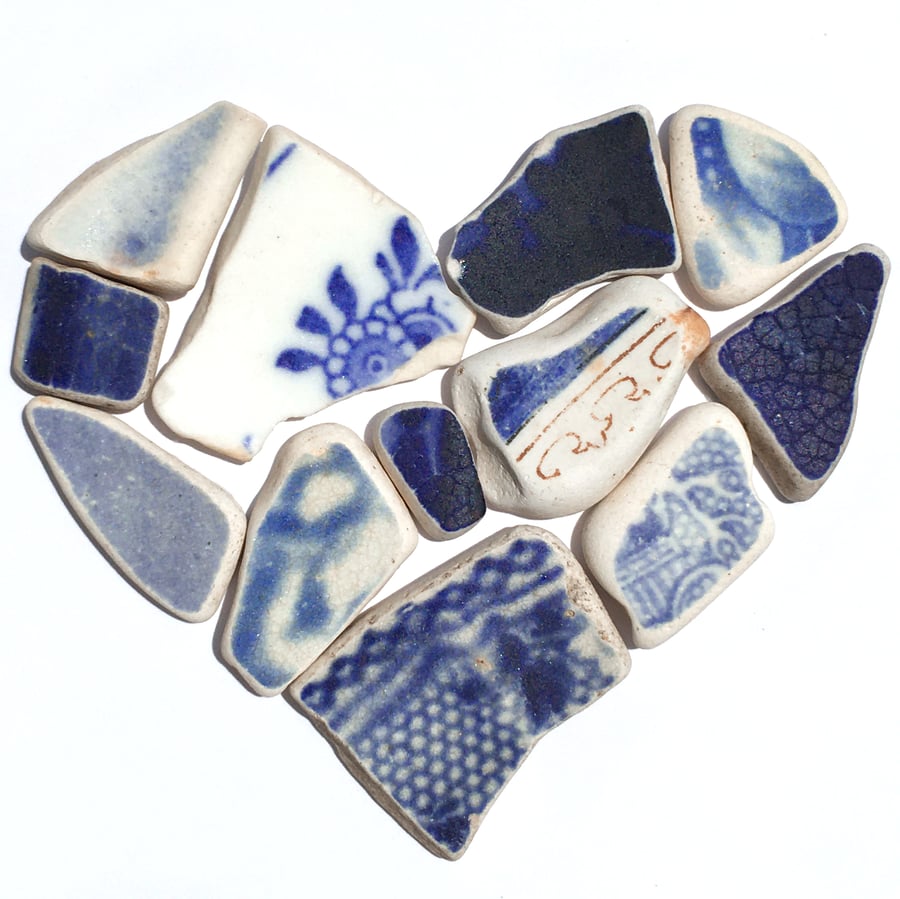 Blue Beach Sea Pottery Heart Framed Picture. Handmade Seaside Pebble Art