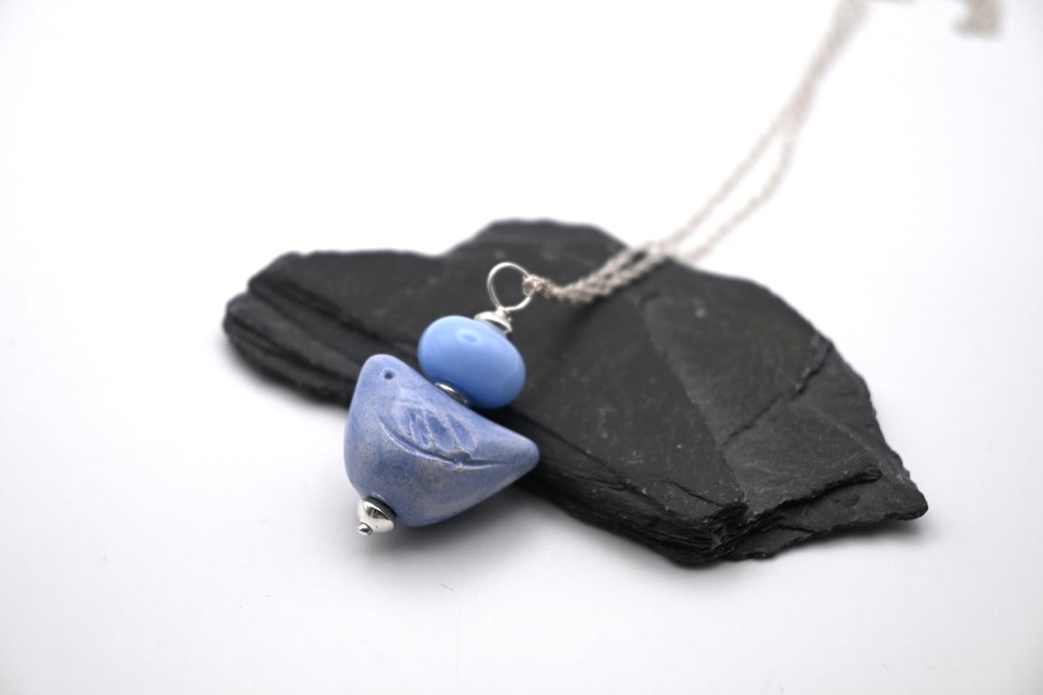 sterling silver chain, blue ceramic bird pendant