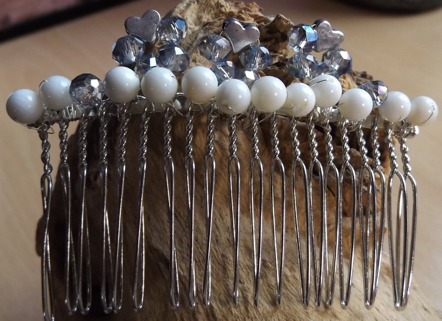 Silver heart and crystal with shell pearl hair comb