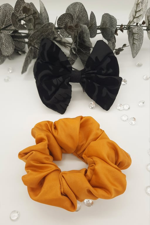 Black damask clip on bow and mustard yellow satin scrunchie.  